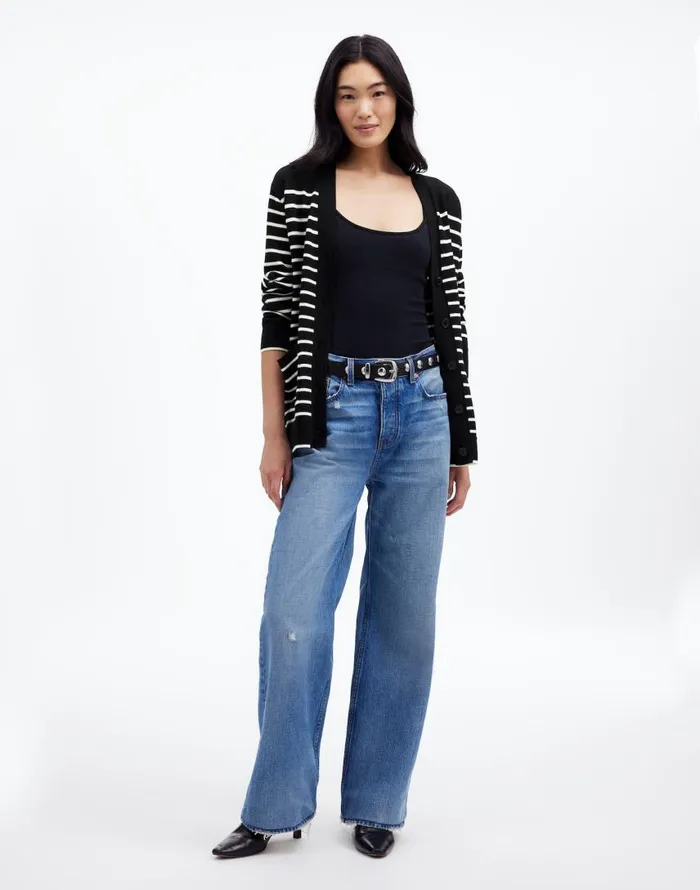 Sweaters Women Madewell Merino Wool Boyfriend Cardigan True Black Stripe