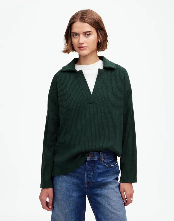 Sweaters Women Madewell Relaxed LongSleeve Polo Tee Hthr Obsidian