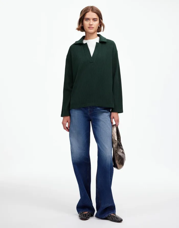Sweaters Women Madewell Relaxed LongSleeve Polo Tee Hthr Obsidian
