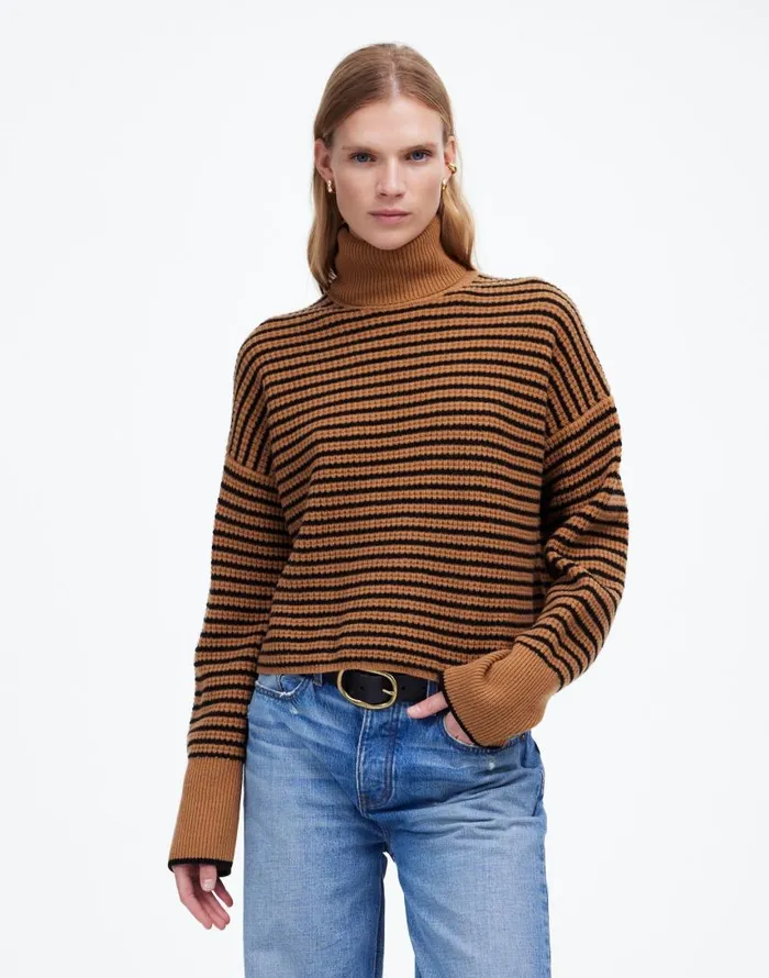 Sweaters Women Madewell Wool WaffleKnit Turtleneck In Stripe Hthr Caramel Stripe