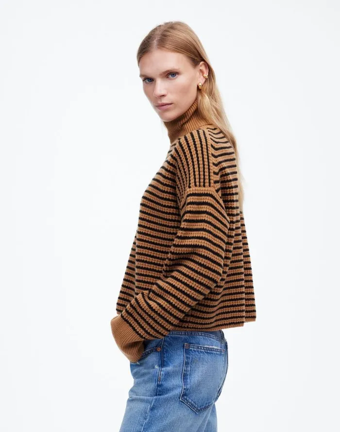 Sweaters Women Madewell Wool WaffleKnit Turtleneck In Stripe Hthr Caramel Stripe