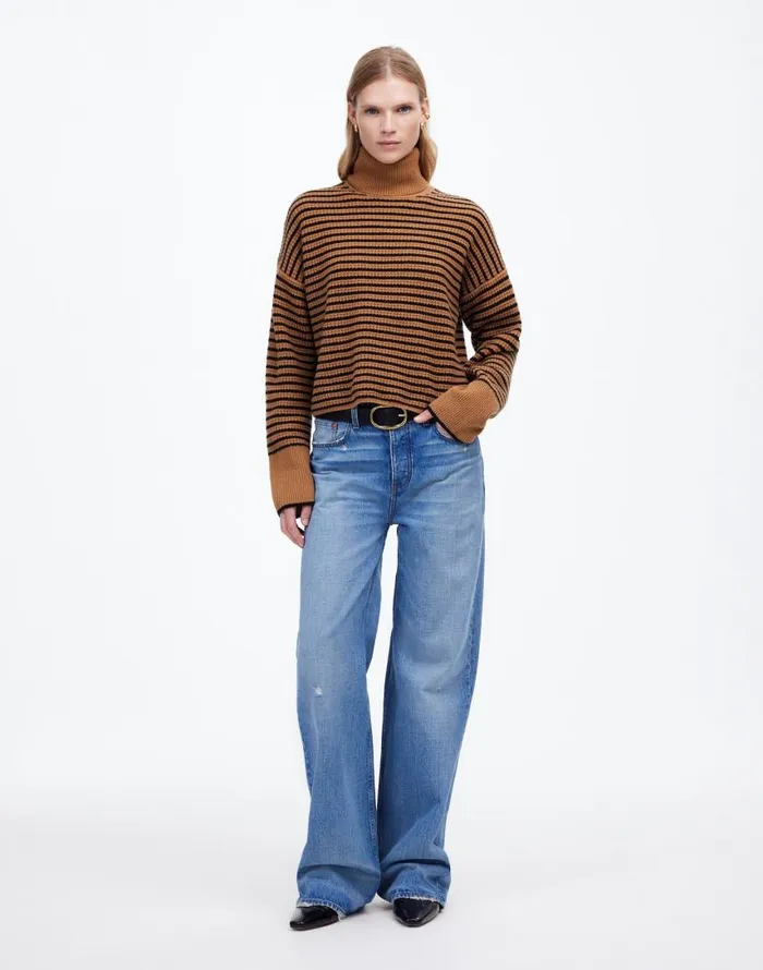 Sweaters Women Madewell Wool WaffleKnit Turtleneck In Stripe Hthr Caramel Stripe