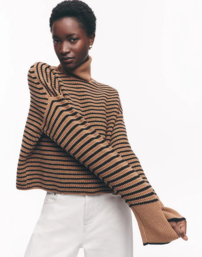 Sweaters Women Madewell Wool WaffleKnit Turtleneck In Stripe Hthr Caramel Stripe