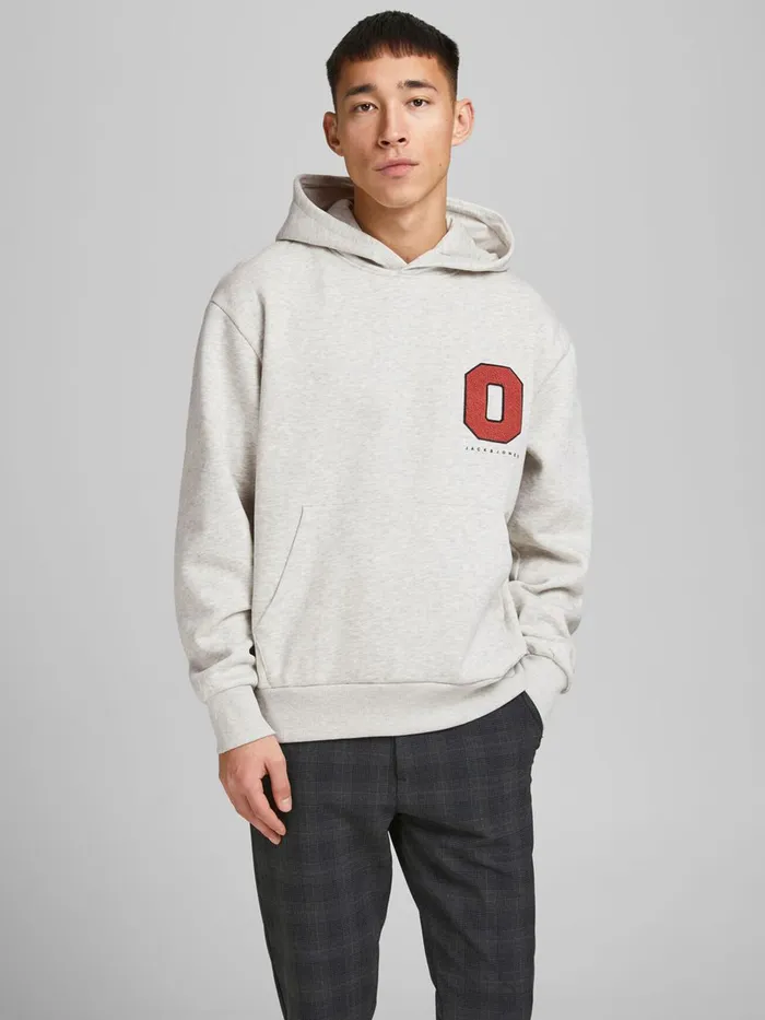 Sweatshirts JACK and JONES Mens BADGE HOODIE Grey White Melange Cheap On Sale Sweatshirts JACK and JONES Mens BADGE HOODIE Grey White Melange Cheap On Sale
