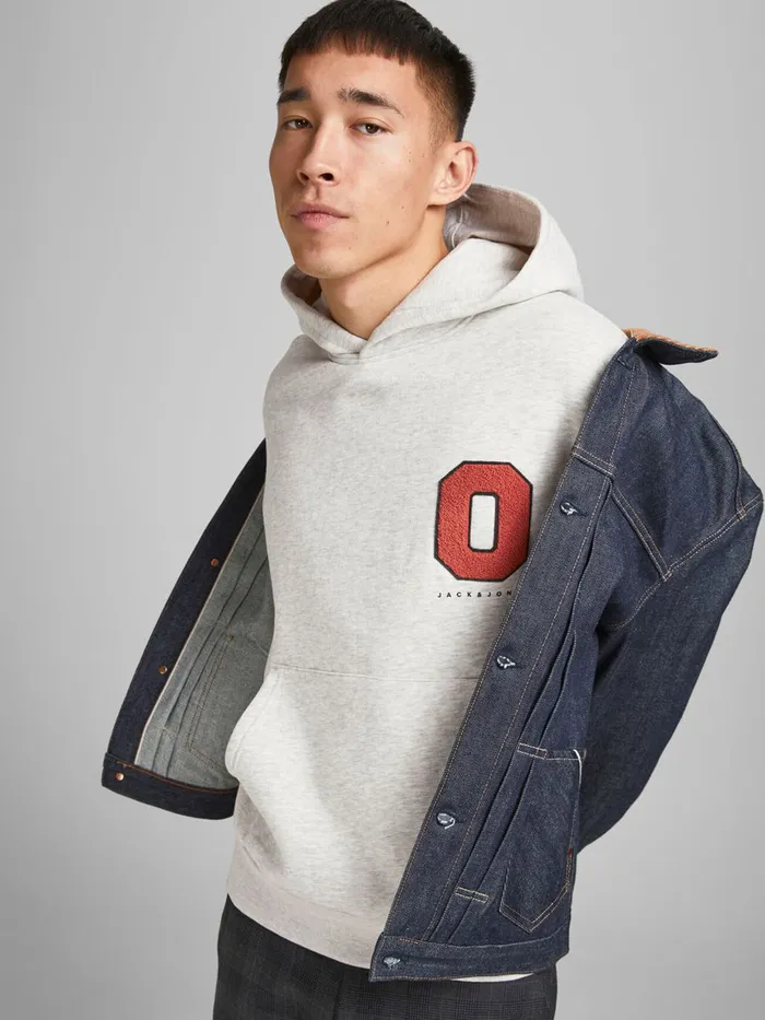 Sweatshirts JACK and JONES Mens BADGE HOODIE Grey White Melange Cheap On Sale