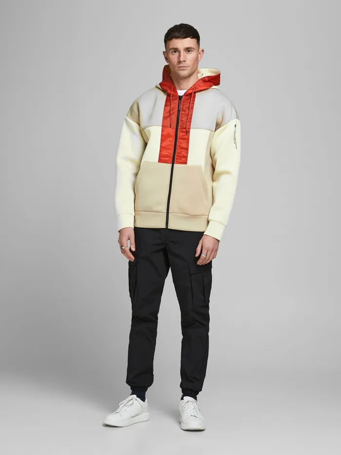 Sweatshirts JACK and JONES Mens OVERSIZED NEOPRENE ZIP HOODIE Beige Silver Birch Near Me