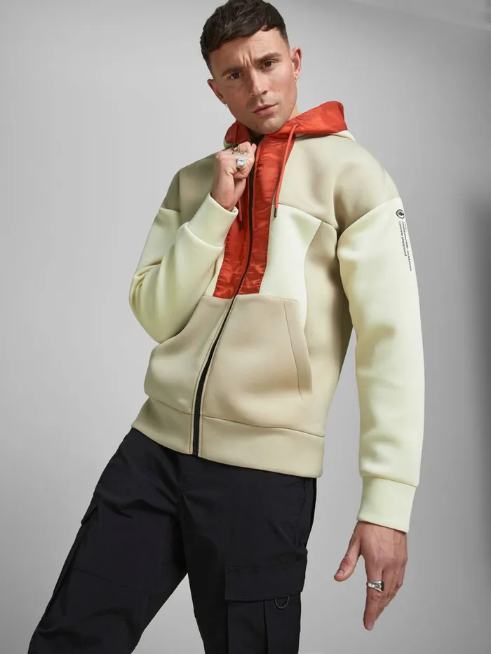 Sweatshirts JACK and JONES Mens OVERSIZED NEOPRENE ZIP HOODIE Beige Silver Birch Near Me