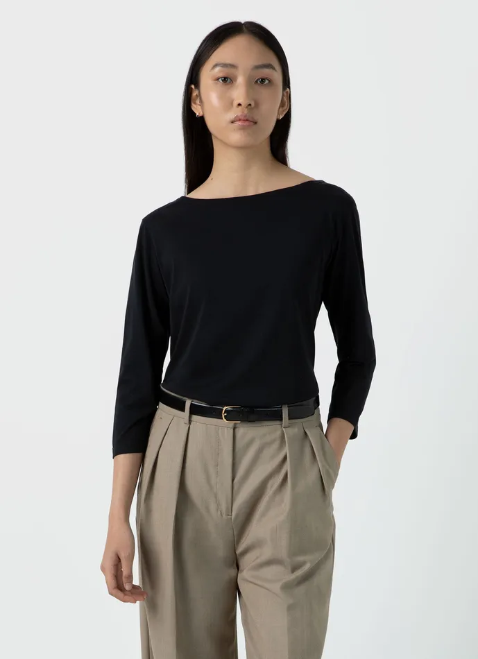 Tshirts and Tops Women 34 Sleeve Boat Neck Tshirt Black ussunspel