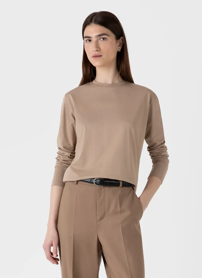 Tshirts and Tops Women ussunspel Long Sleeve Boy Fit Tshirt Sandstone