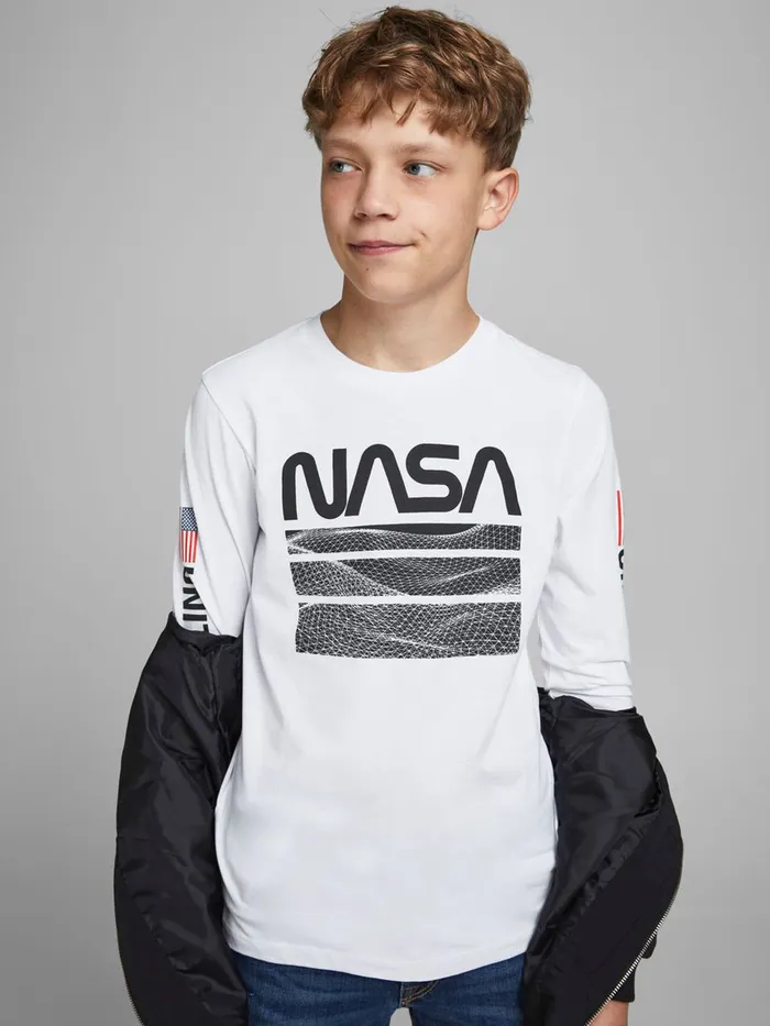 Tshirts JACK and JONES Junior BOYS NASA LONGSLEEVED TSHIRT White White Gift Ideas