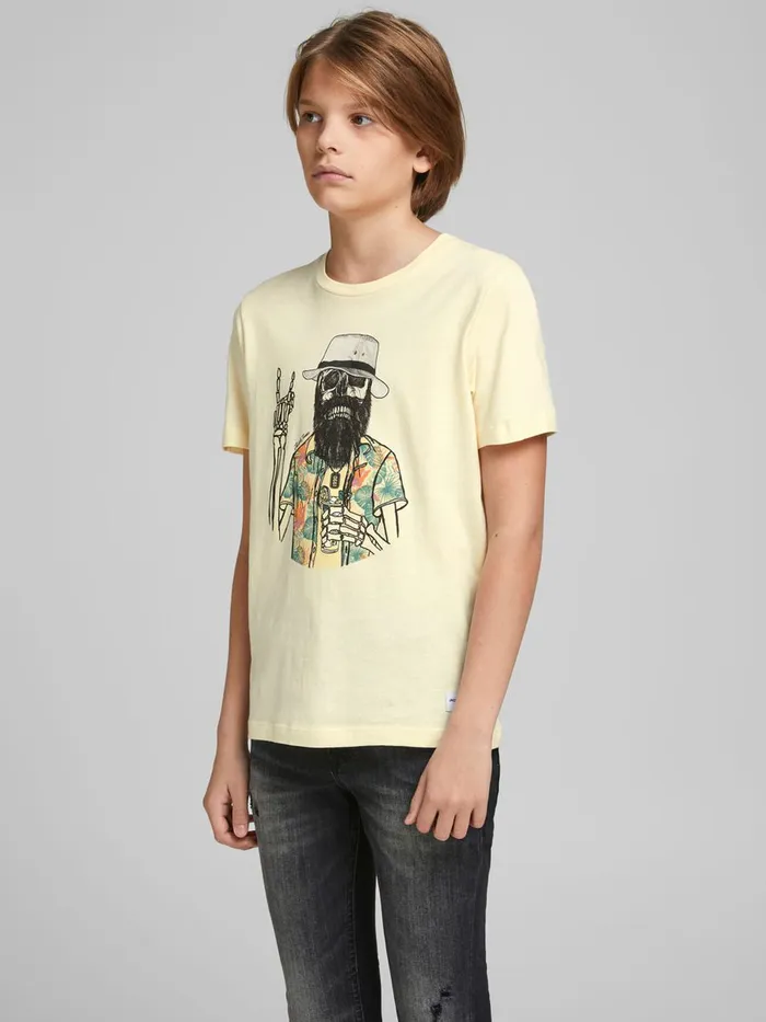 Tshirts JACK and JONES Junior BOYS SKELETON PRINT TSHIRT Yellow Seedpearl Casaul Tshirts JACK and JONES Junior BOYS SKELETON PRINT TSHIRT Yellow Seedpearl Casaul