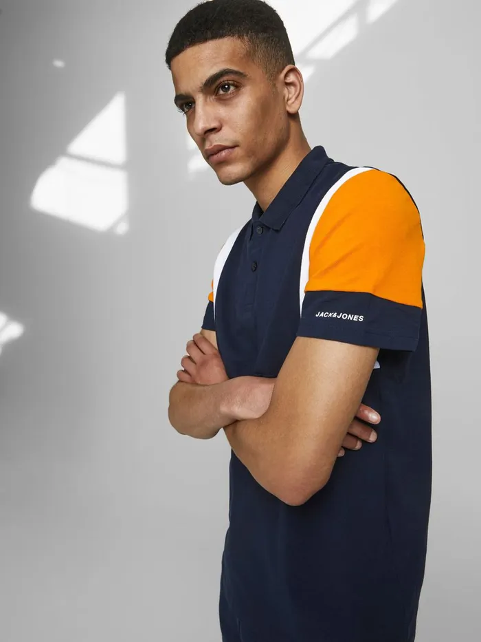 Tshirts JACK and JONES Mens COLOUR BLOCK PIQUE POLO SHIRT Blue Navy Blazer Gift for Friend