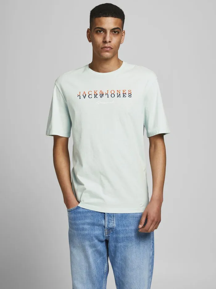 Tshirts JACK and JONES Mens MIRRORED LOGO PRINT TSHIRT Pastel Pale Blue Near Me Tshirts JACK and JONES Mens MIRRORED LOGO PRINT TSHIRT Pastel Pale Blue Near Me