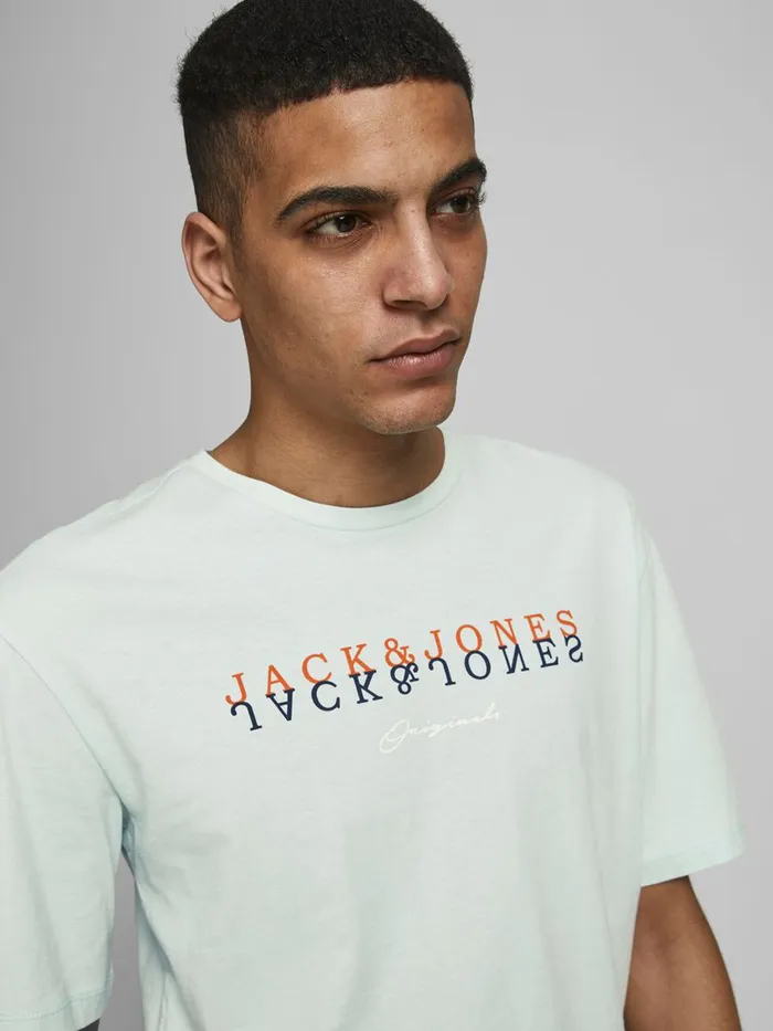 Tshirts JACK and JONES Mens MIRRORED LOGO PRINT TSHIRT Pastel Pale Blue Near Me