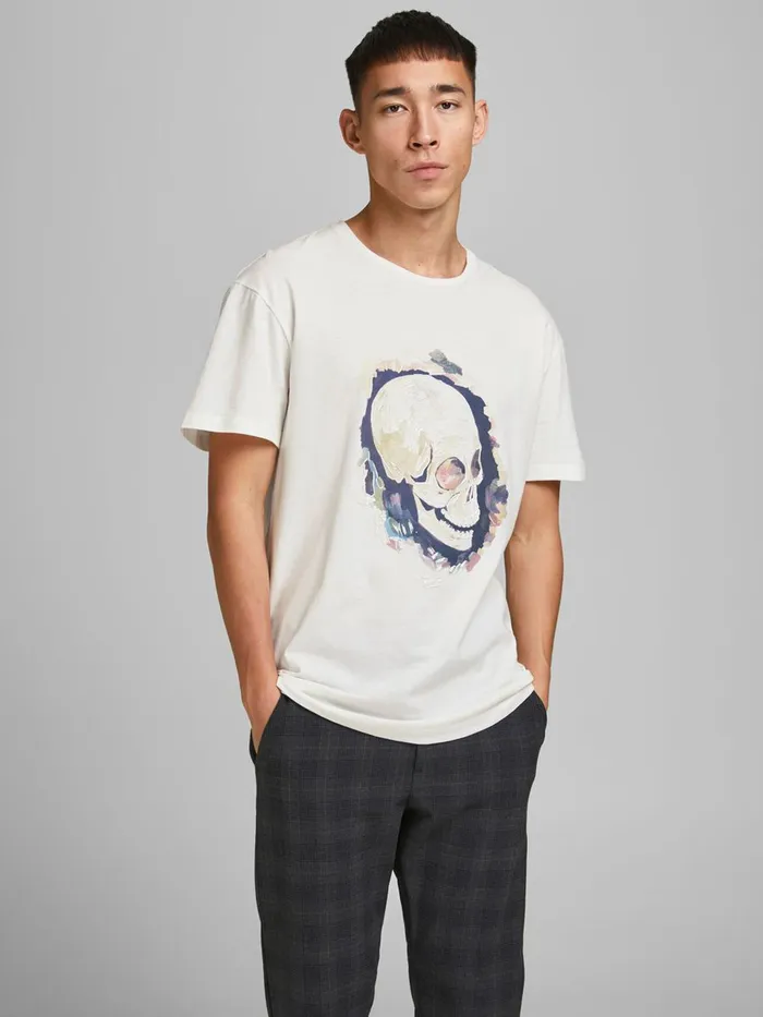 Tshirts JACK and JONES Mens RELAXED FIT SKULL PRINT TSHIRT White Cloud Dancer Gift Ideas