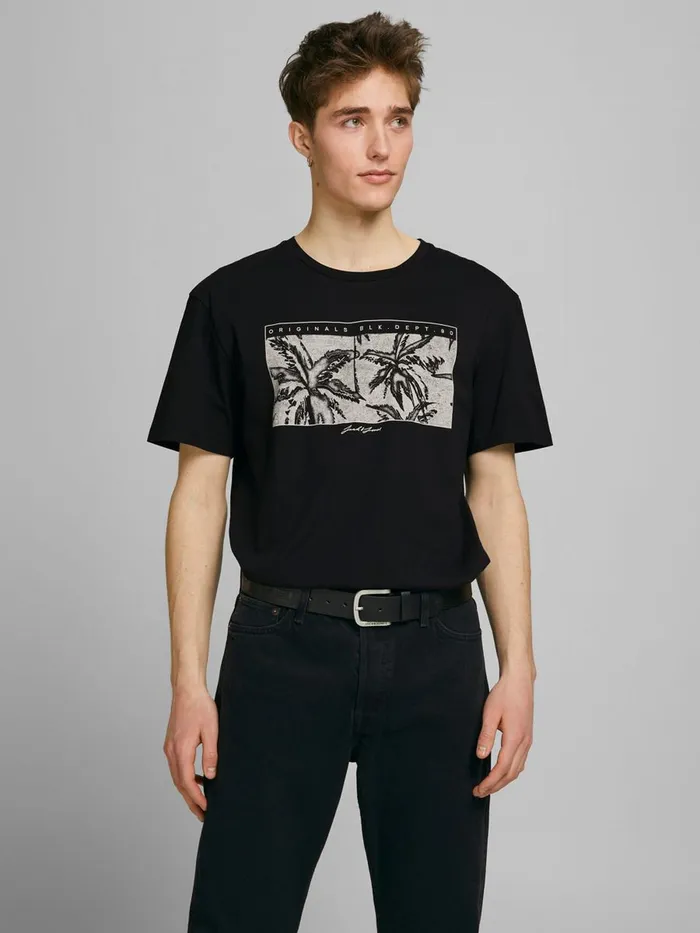 Tshirts JACK and JONES Mens SQUARE PALM PRINT TSHIRT Black Black Popular