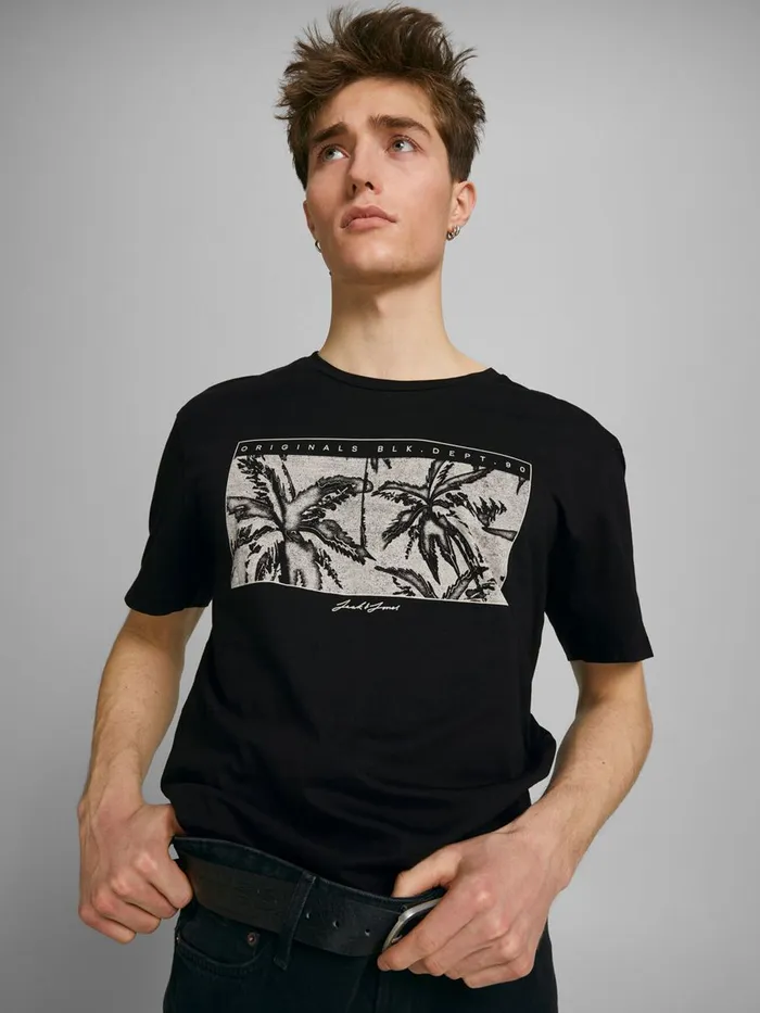 Tshirts JACK and JONES Mens SQUARE PALM PRINT TSHIRT Black Black Popular