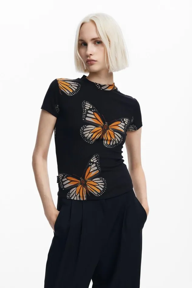TShirts Women Desigual Shortsleeve Butterfly Tshirt Black