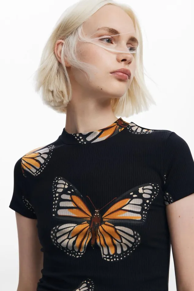 TShirts Women Desigual Shortsleeve Butterfly Tshirt Black
