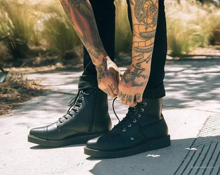 TUK Shoes Boots Men Black TUKskin Vegan Pointed Lace Up Creeper Boots