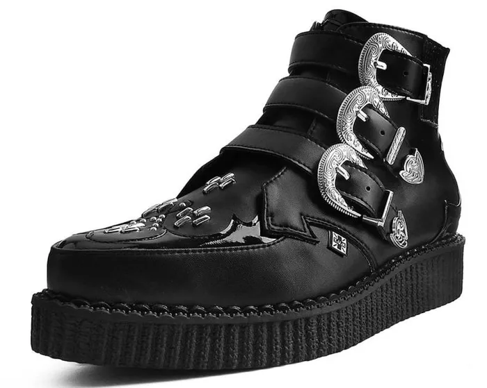 TUK Shoes Boots Men Black TUKskin Western Vegan 3Buckle Pointed Creeper Boots