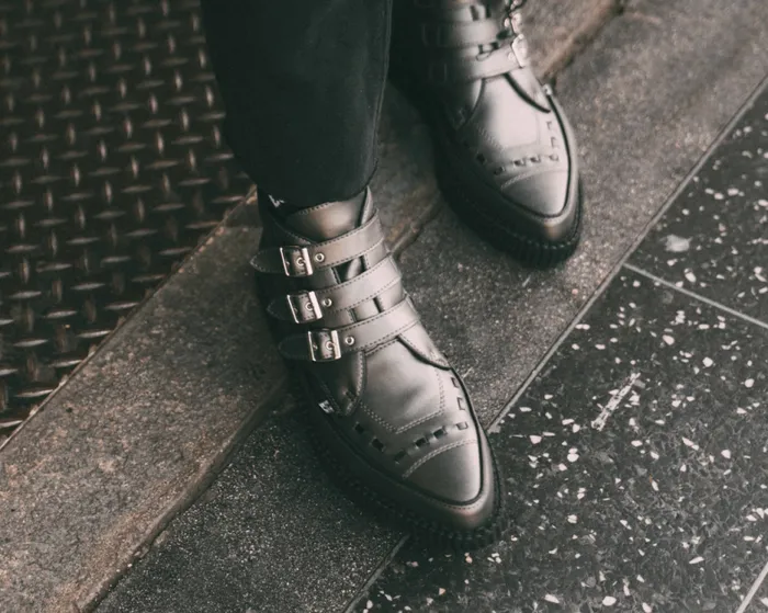 TUK Shoes Boots Women Gunmetal and Black Trim Pointed Buckle Boot TUK Shoes Boots Women Gunmetal and Black Trim Pointed Buckle Boot