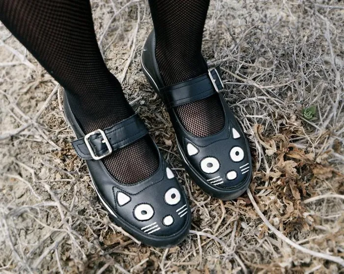 TUK Shoes Kitty Styles Women Black Kitty Face Vegan Mary Jane Sneakers