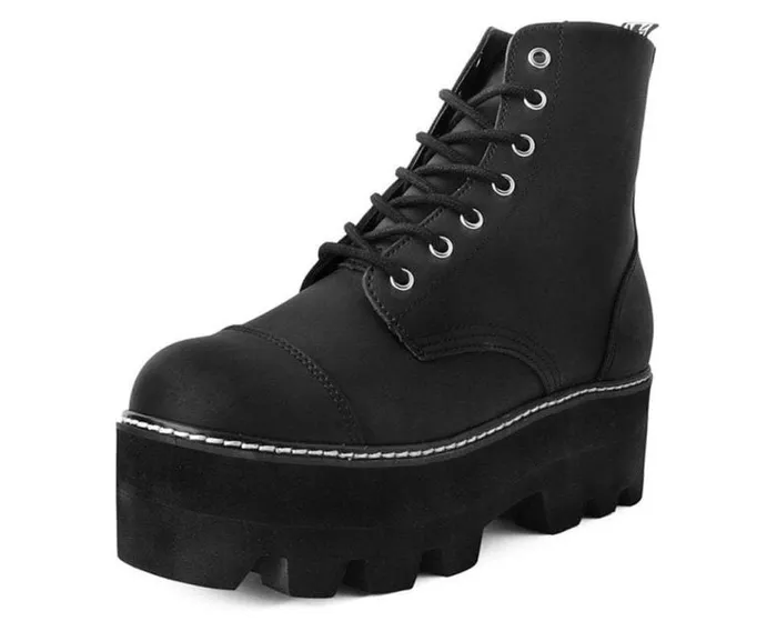 TUK Shoes Platforms Women Black Faux Leather 7Eyelet Dino Lug Sole Boots