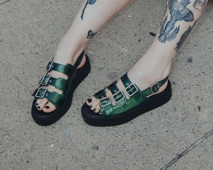 TUK Shoes Sandals Women Emerald Metallic 3Buckle Mondo Sandal TUK Shoes Sandals Women Emerald Metallic 3Buckle Mondo Sandal