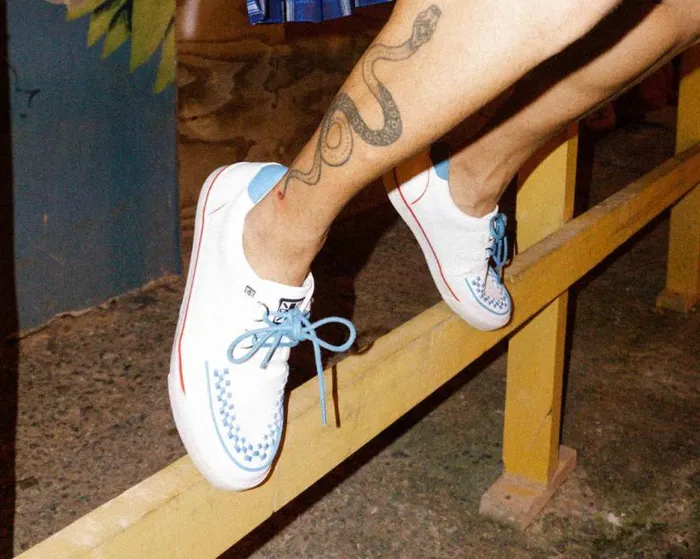 TUK Shoes Sneakers Men White TUKskin Blue and Red Trim Interlace Sneaker