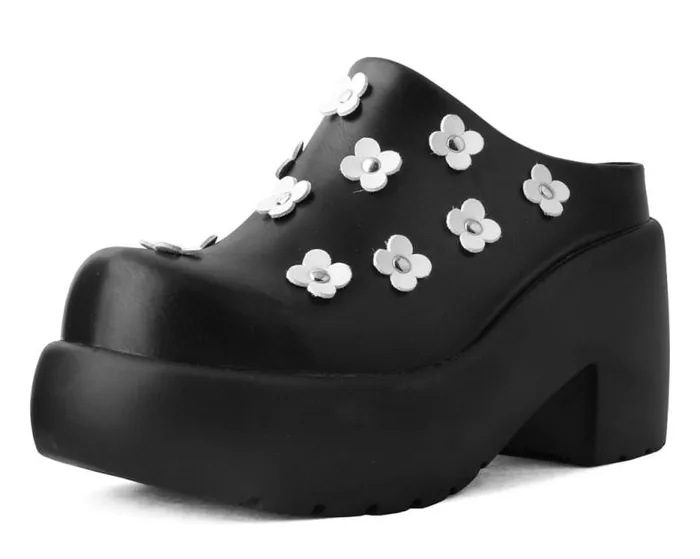 TUK Shoes Vegan Women Black Burnished White Flower Anarchic Bubble Clog