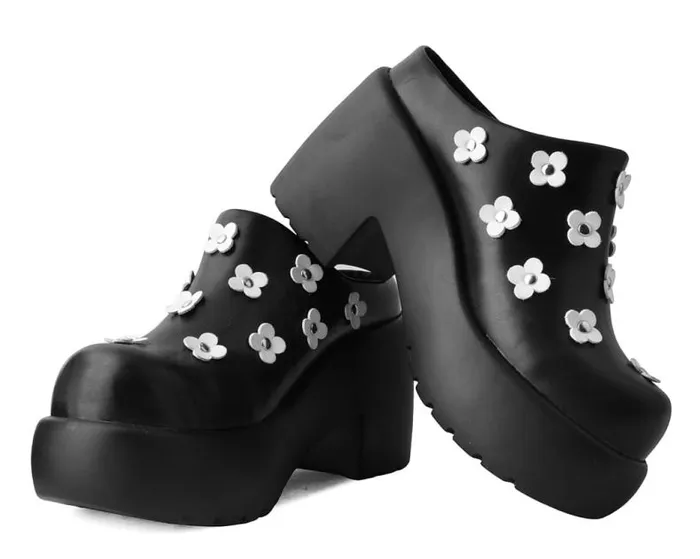 TUK Shoes Vegan Women Black Burnished White Flower Anarchic Bubble Clog