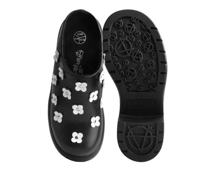 TUK Shoes Vegan Women Black Burnished White Flower Anarchic Bubble Clog