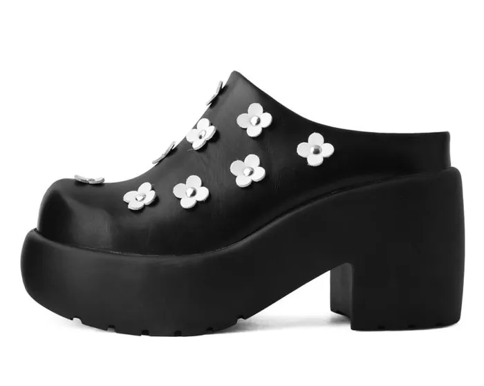 TUK Shoes Vegan Women Black Burnished White Flower Anarchic Bubble Clog