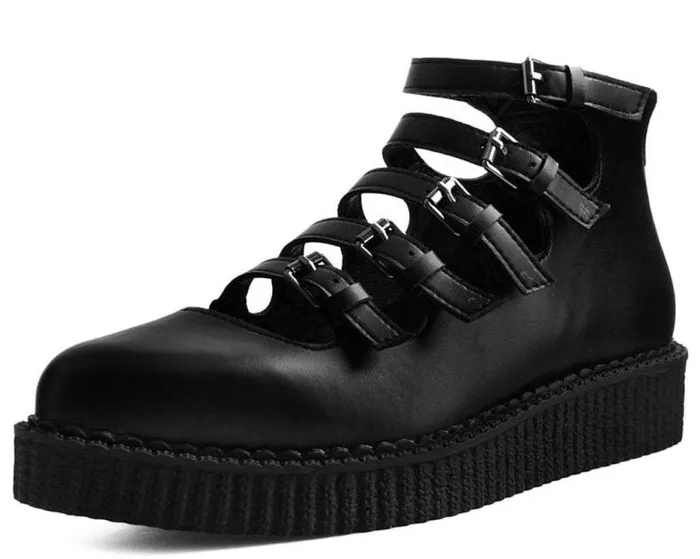 TUK Shoes Vegan Women Black TUKskin MultiStrap Pointed Mary Jane Ballet Creepers
