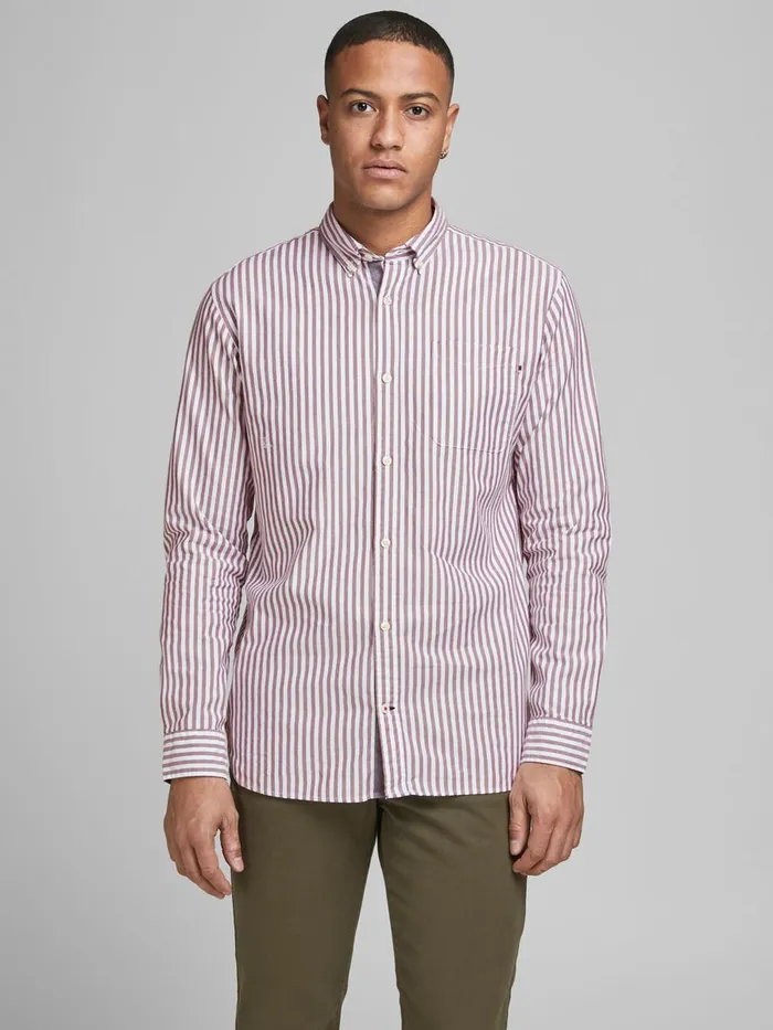 Tailoring JACK and JONES Mens OXFORD STRIPED SHIRT Pink Vineyard Wine