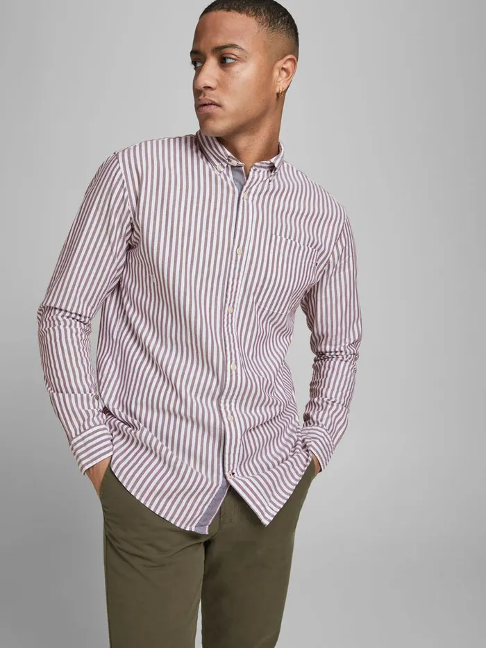 Tailoring JACK and JONES Mens OXFORD STRIPED SHIRT Pink Vineyard Wine