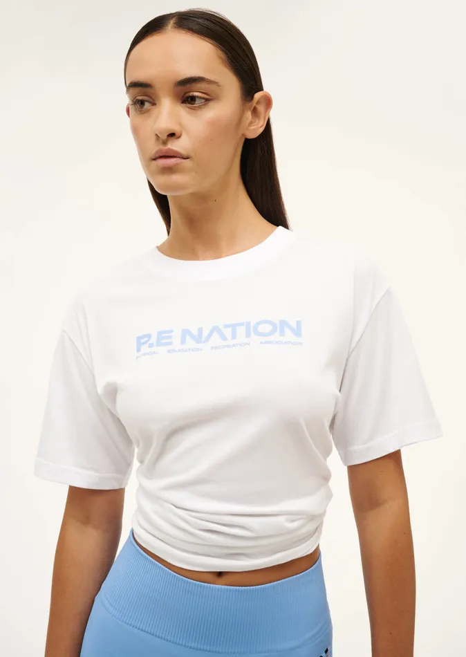 Tees AERO SHORT SLEEVE TEE IN WHITE and CORNFLOWER BLUE PE Nation Women