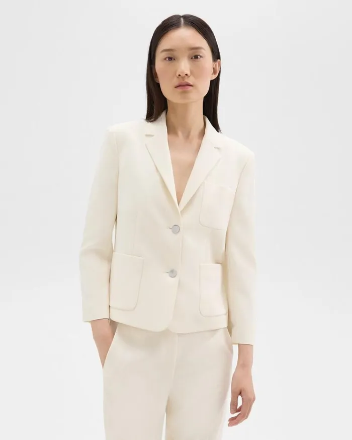 Theory Boxy Patch Pocket Blazer In Admiral Crepe Rice Women Suits