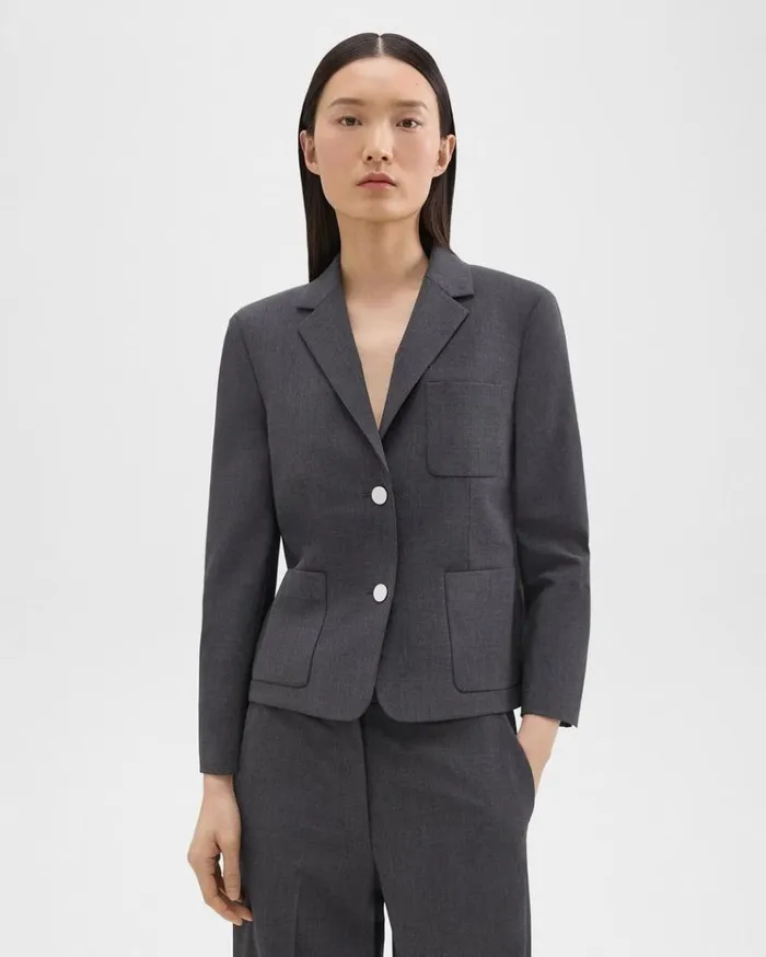 Theory Boxy Patch Pocket Blazer In Good Wool Charcoal Melange Women Suits