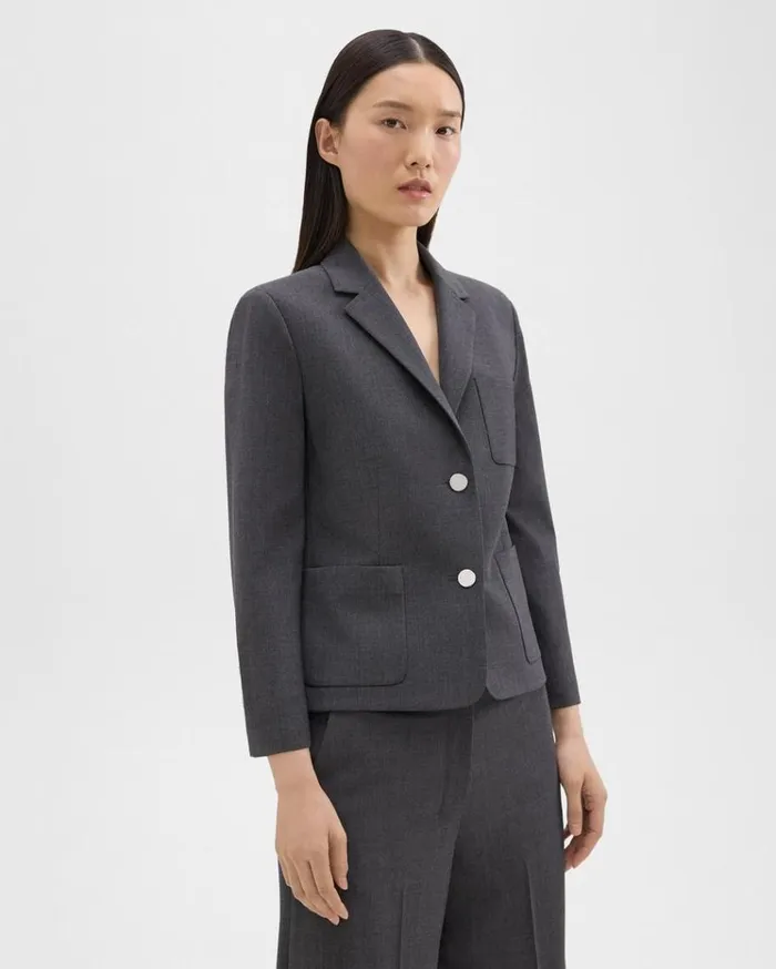 Theory Boxy Patch Pocket Blazer In Good Wool Charcoal Melange Women Suits