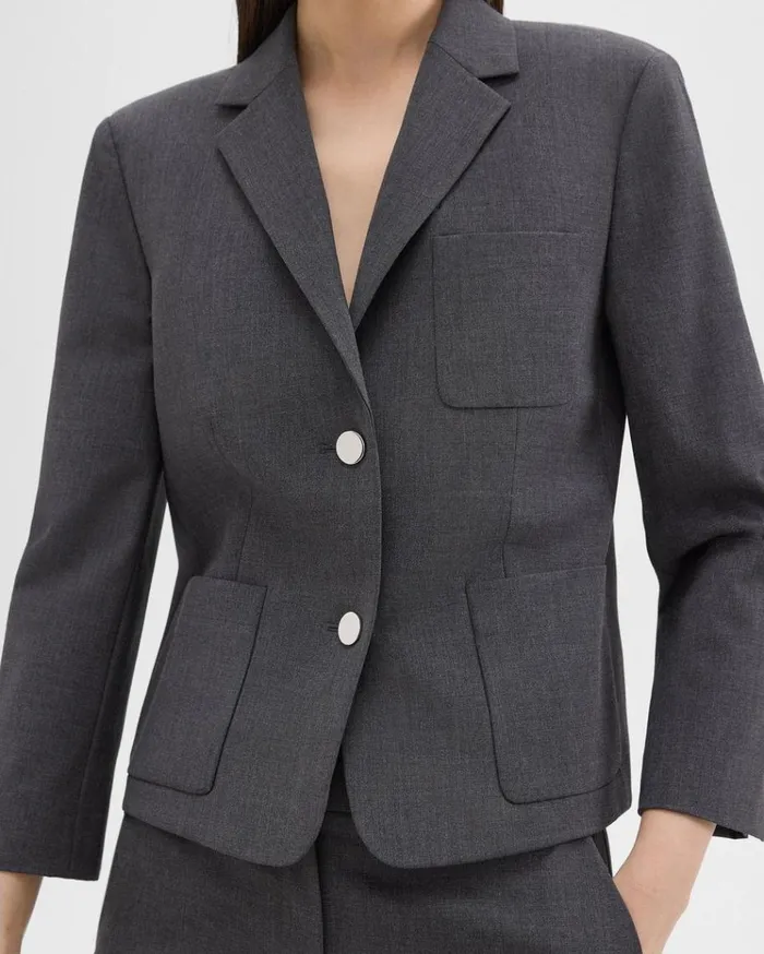 Theory Boxy Patch Pocket Blazer In Good Wool Charcoal Melange Women Suits