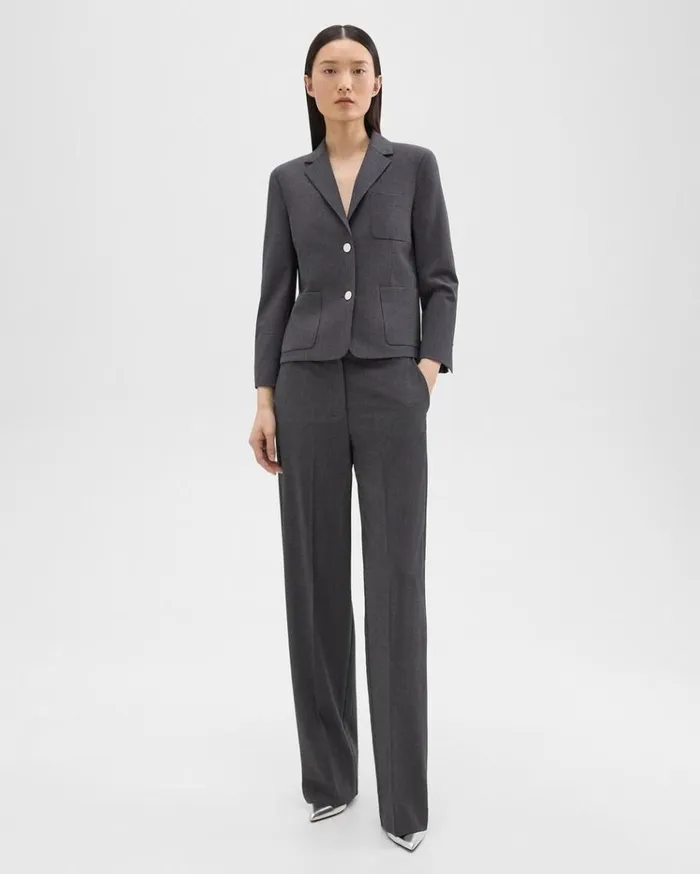 Theory Boxy Patch Pocket Blazer In Good Wool Charcoal Melange Women Suits