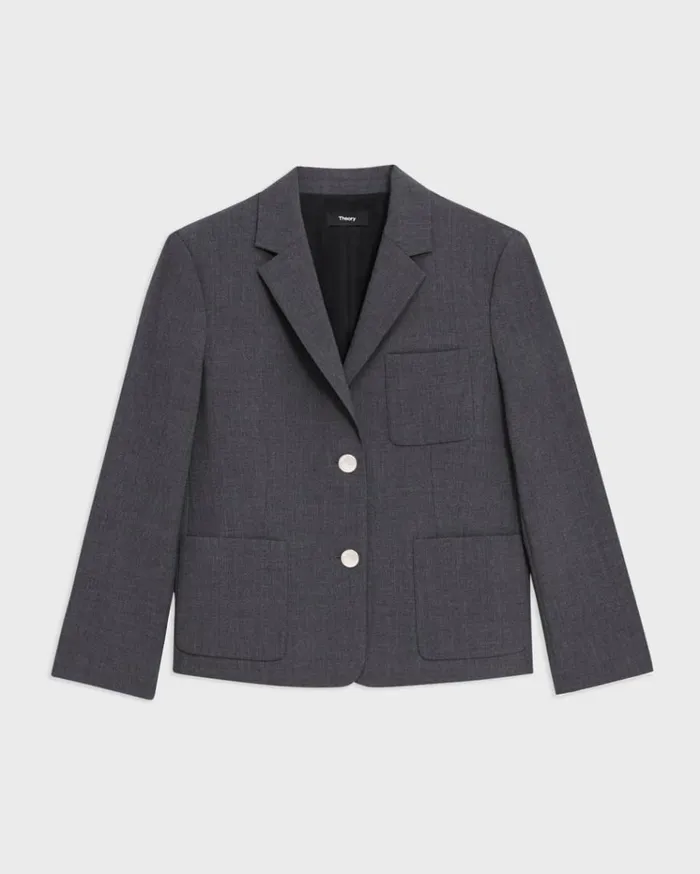 Theory Boxy Patch Pocket Blazer In Good Wool Charcoal Melange Women Suits