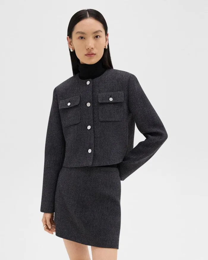 Theory Cardigan Jacket In Tweed Charcoal Melange Women Blazers Jackets