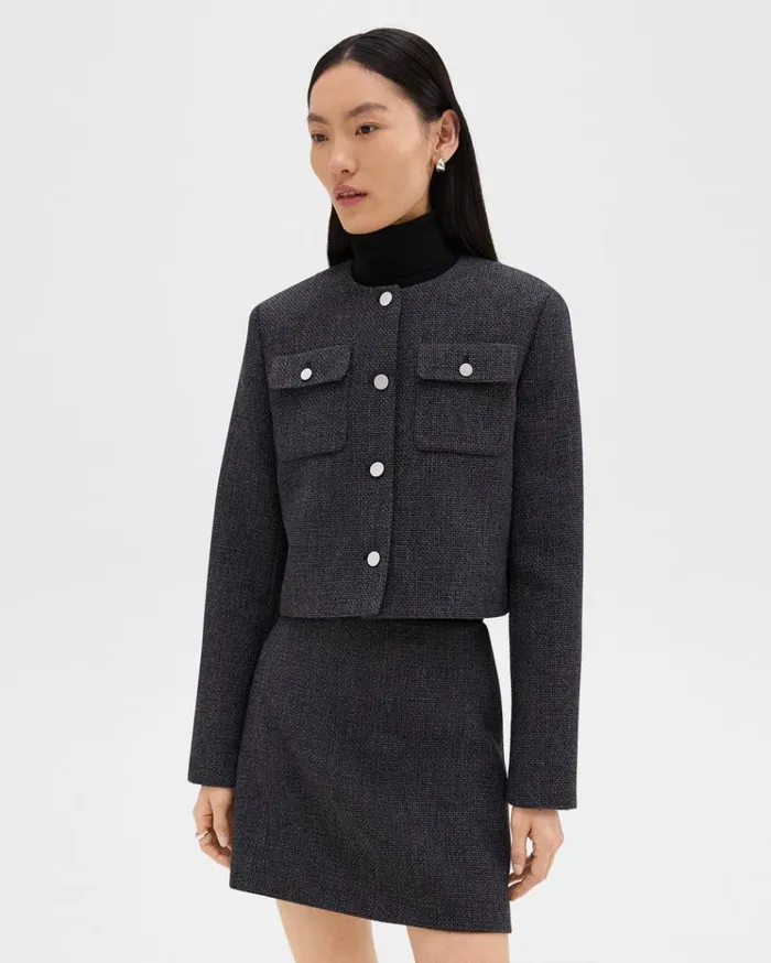 Theory Cardigan Jacket In Tweed Charcoal Melange Women Blazers Jackets