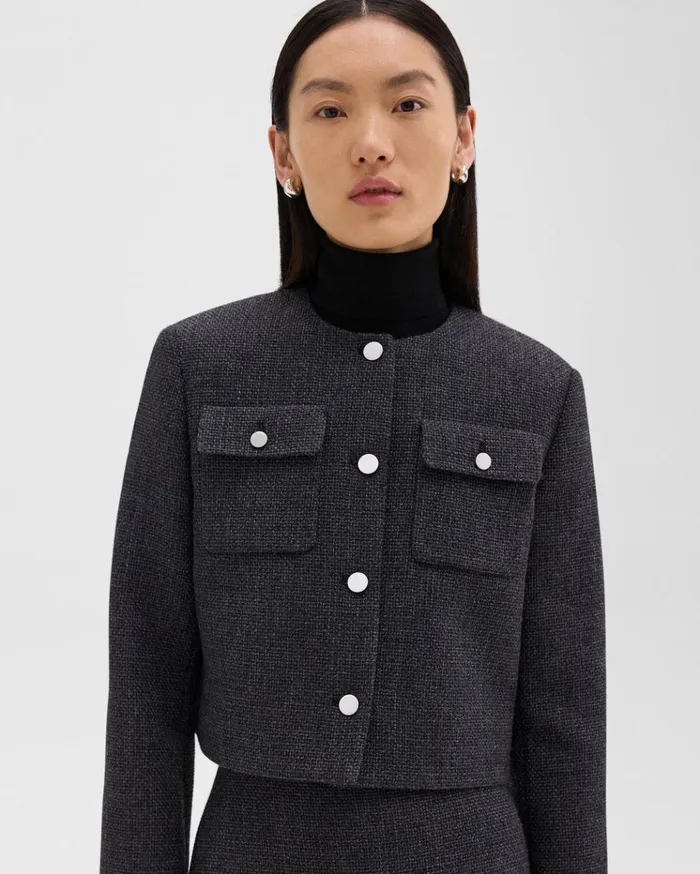 Theory Cardigan Jacket In Tweed Charcoal Melange Women Blazers Jackets