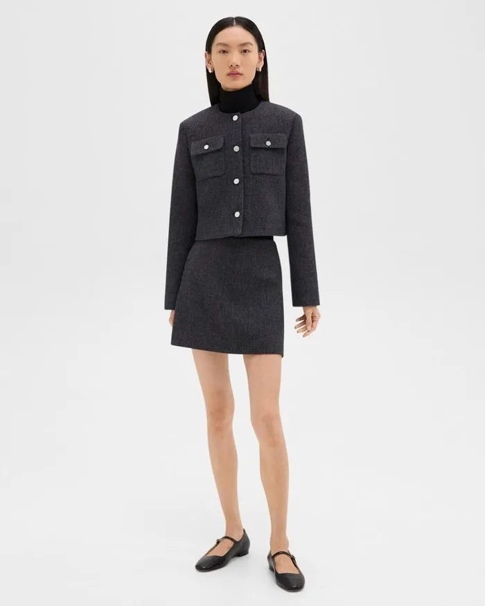 Theory Cardigan Jacket In Tweed Charcoal Melange Women Blazers Jackets