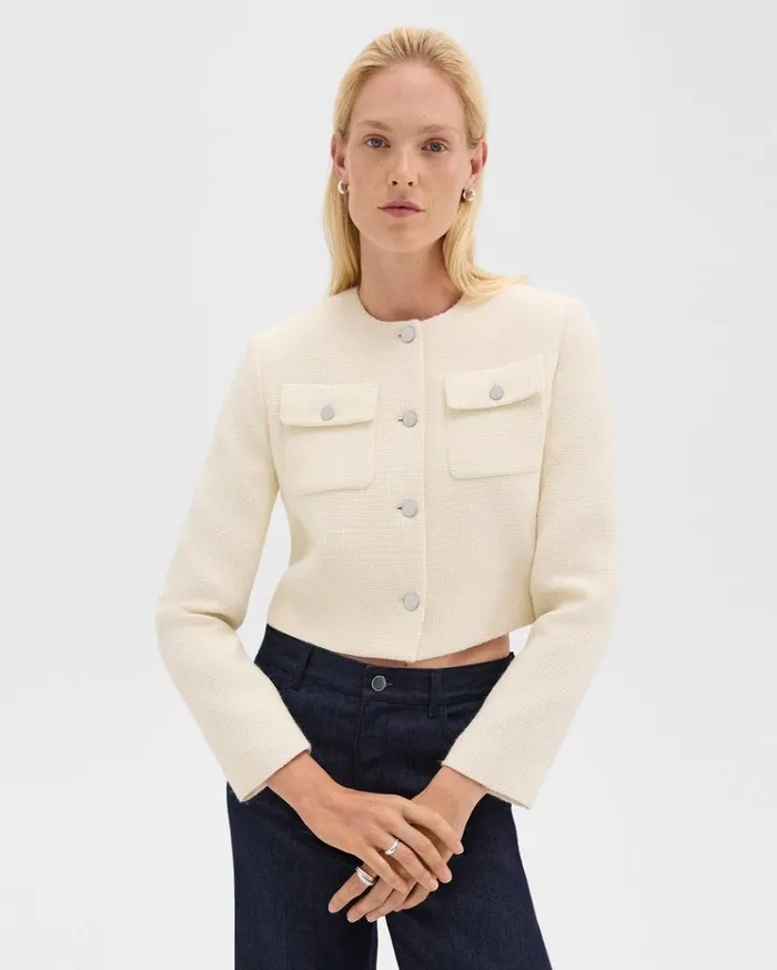 Theory Cardigan Jacket In Tweed Ivory Women Blazers Jackets