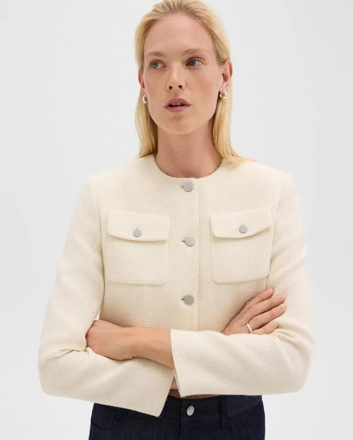 Theory Cardigan Jacket In Tweed Ivory Women Blazers Jackets